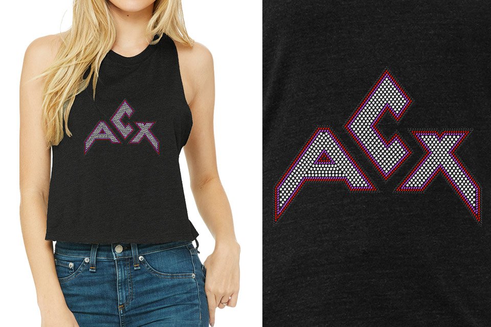 Rhinestones ACX Gym - Red White Purple Black Relaxed Fit Women's Racerback Cropped Tank