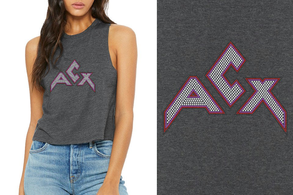 Rhinestones ACX Gym - Red White Purple Black Relaxed Fit Women's Racerback Cropped Tank