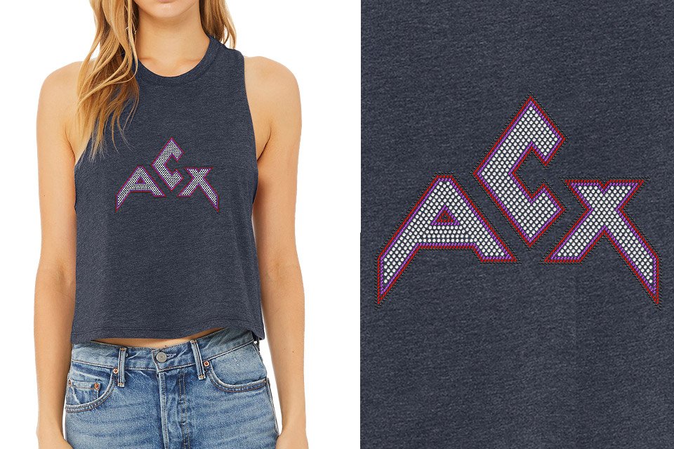 Rhinestones ACX Gym - Red White Purple Black Relaxed Fit Women's Racerback Cropped Tank