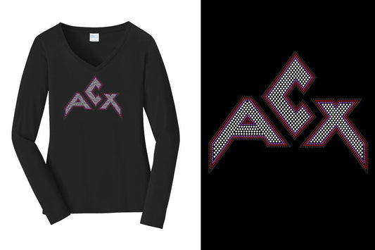 Rhinestones ACX Gym - Red White Purple Black Women's Relaxed Fit Long Sleeve V-Neck